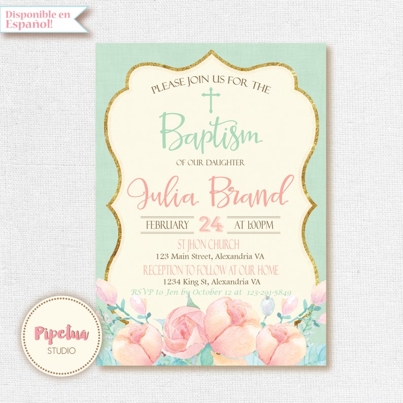 Baptism Invitation. Mint and Gold Invitation. Baptism Floral Etsy
