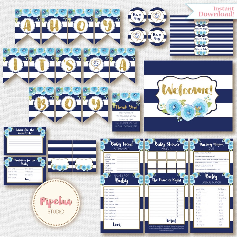 Nautical Baby Shower Package Nautical Babyshower Printables Etsy