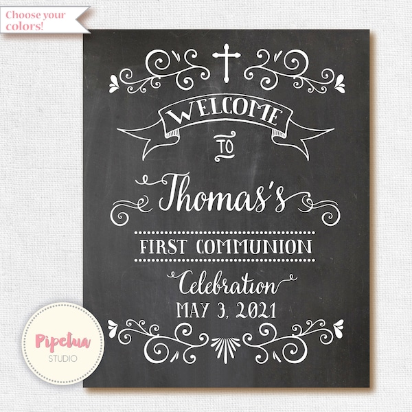 Welcome First Communion Poster. First Communion Chalkboard Poster. Welcome First Holy Communion sign. Baptism Chalkboard.