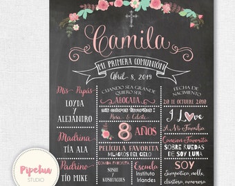 Primera Comunion. Poster de Primera Comunion. Poster estilo pizarra. Primera Comunion Niña. First Communion Poster