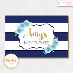 Backdrop. Navy blue backdrop. Blue and gold backdrop. Floral backdrop. Party backdrop. Printable backdrop. Table backdrop.