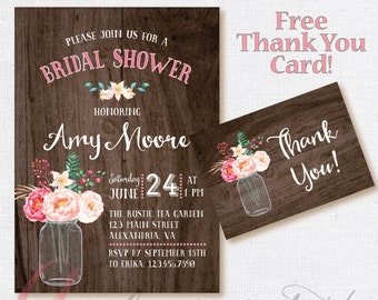Bridal shower invitation. Rustic Bridal Shower Invitation, Mason jar Invite, Bridal Shower Printable. DIY Bridal Shower. Floral Bridal