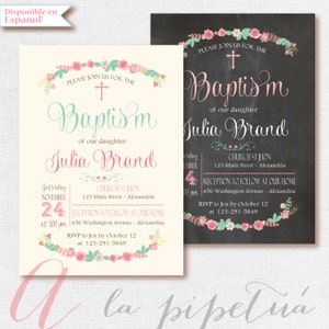 Baptism Invitation. Pastel colors, mint and pink, floral invite. Printable & personalized. Chalkboard invitation. Chalkboard Baptism invite