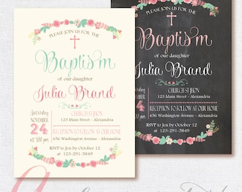 Invito per il battesimo. Colori pastello, menta e rosa, invito floreale. Stampabile e personalizzato. Invito lavagna. Invito per il battesimo lavagna.