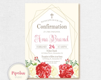 Confirmation Invitation. Holy Confirmation. Printable Confirmation invite. Holy Confirmation card. Red and white confirmation invite.