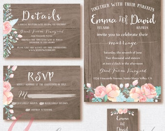 Wood Wedding suit, Wedding invitation. Wedding RSVP card, Wedding Rustic. Weeding DIY, rustic,floral. Wood Printable wedding invitation.