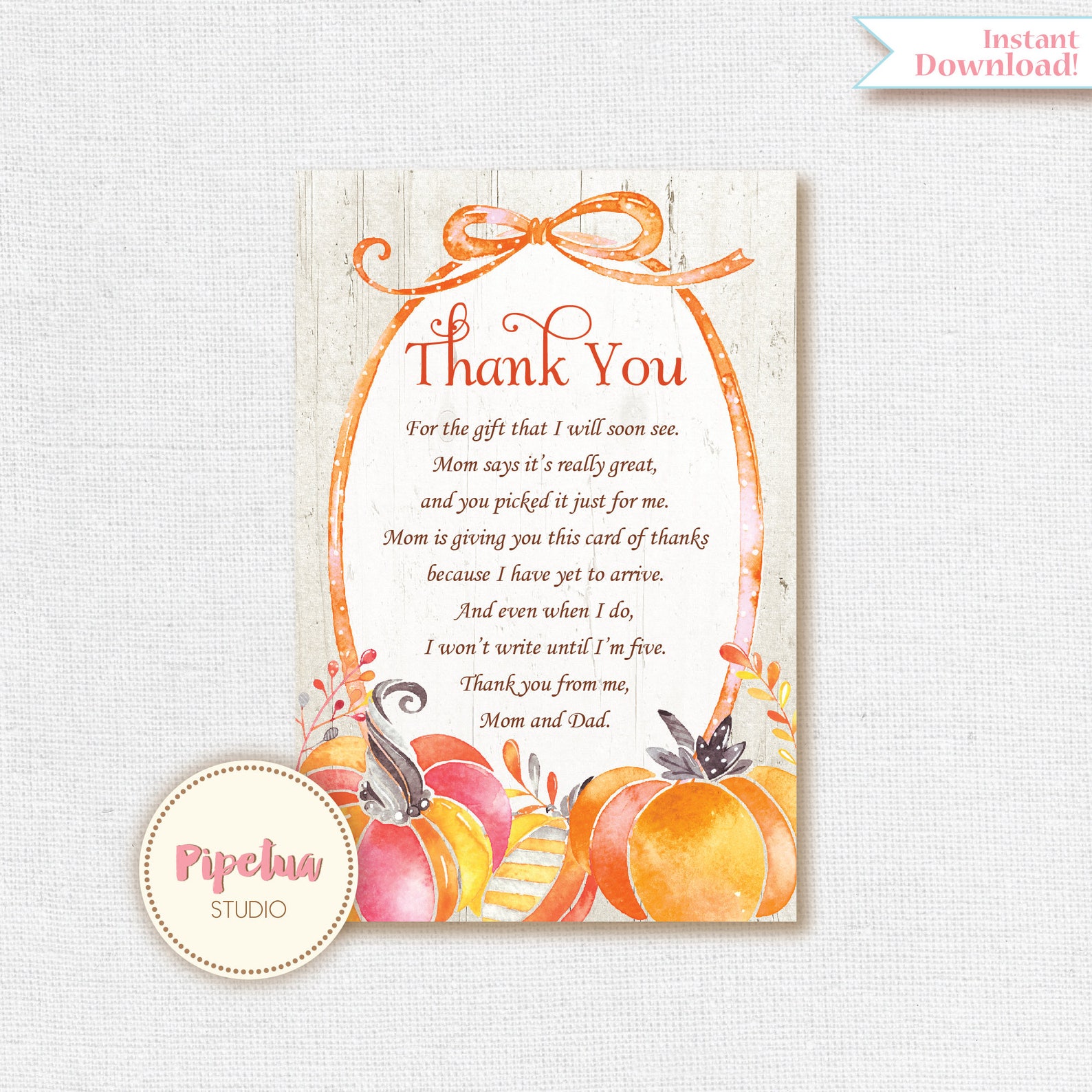 Pumpkin Thank You Card Pumpkin Card Pumpkin Baby Shower - Etsy