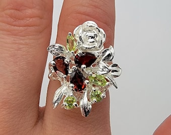 Red Garnet and Peridot Rose Bouquet Vintage Statement Ring 925 Silver Handmade Unique Jewelry Fine Art Elegant Fantasy | Size 5.5 |