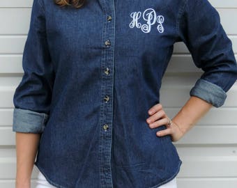 Ladies Monogrammed Long Sleeve Denim Shirt (Women's Denim Fitted Shirt Embroidered with Monogram, Sizes XS-4XL) LSP10