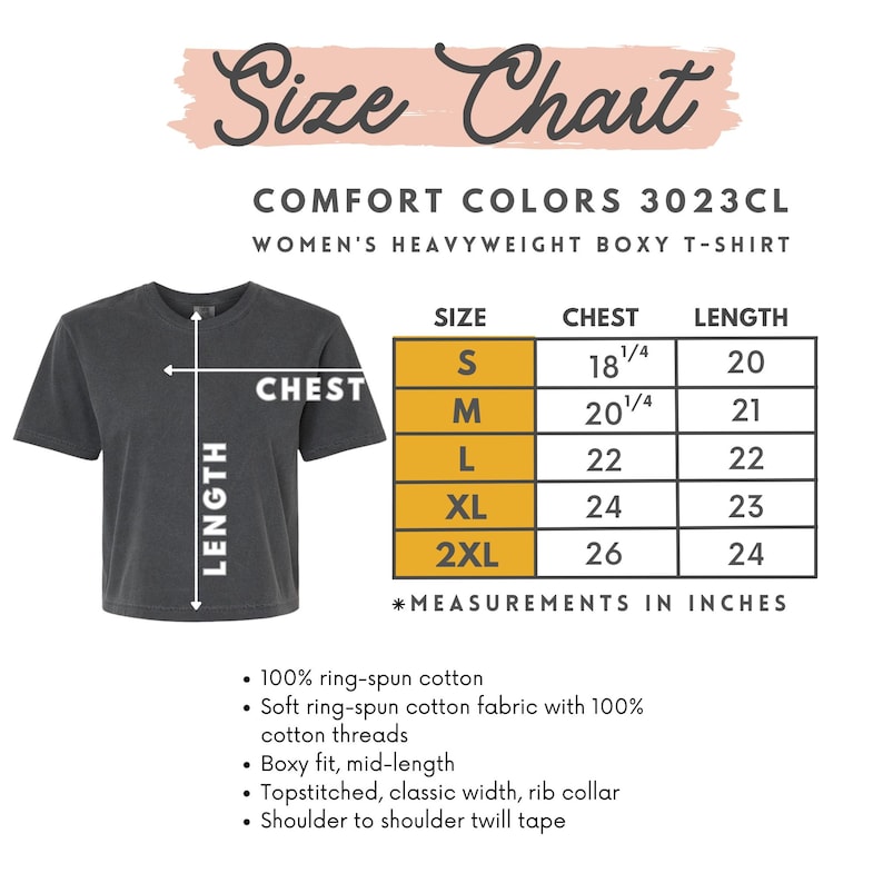 K&ouml;nnte beinhalten: Dunkelgraues Comfort Colors 3023CL Damen-Heavyweight-Boxy-T-Shirt mit Gr&ouml;&szlig;entabelle. Die Tabelle zeigt Brust- und L&auml;ngenma&szlig;e in Zoll f&uuml;r die Gr&ouml;&szlig;en S bis 2XL. Das Shirt besteht aus 100 % ringgesponnener Baumwolle.