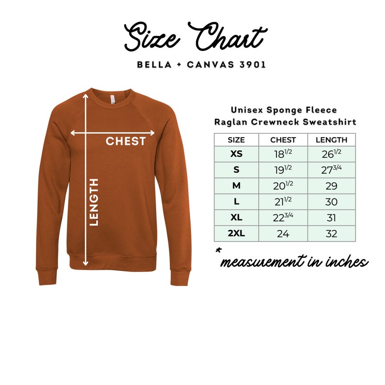 May include: Size chart for a unisex sponge fleece raglan crewneck sweatshirt. The chart shows sizes XS through 2XL with corresponding chest and length measurements in inches.
