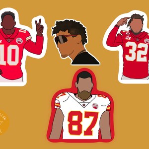 May include: Four illustrated stickers of Kansas City Chiefs football players wearing red and white jerseys with the team logo. The players are wearing numbers 10, 32, and 87. A small sticker with a bird logo and the text "Little Yellow Bird KC" is in the bottom left corner.