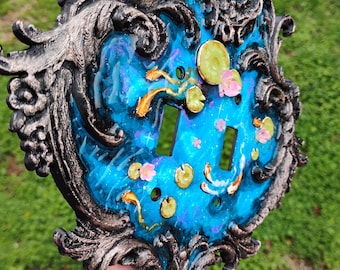 Double gothic Victorian light switch Koi fish pond outlet cover (orange and white koi) ) made to order (small double switch only)