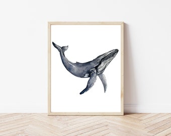 May include: A watercolor painting of a blue whale swimming in the ocean. The whale is depicted in a realistic style, with detailed features such as its blowhole and flippers.