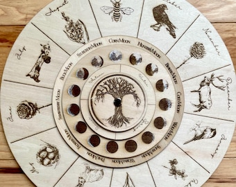 Calendrier perpétuel saisonnier illustré des phases de la lune / Artiste original / Décoration murale en bois gravée