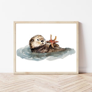 Sea Otter Holding Sea Star Watercolor Art Print I Nursery Decor I Home Decor I Painting