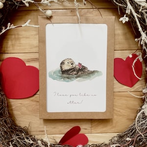 Arte original de acuarela / Tarjeta de San Valentín de nutria marina / Aniversario / Amor / Regalo 5 Paquete de tarjetas en blanco / Lindo juego de tarjetas de felicitación de animales