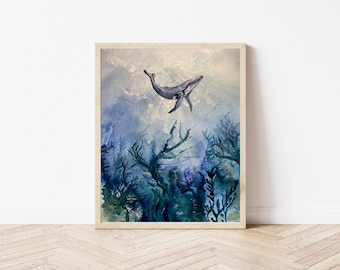 Humpback Whale Watercolor Illustration 8"x10" Archival Fine Art Print/Sea/Ocean/Marine Life Aquatic Nursery Decor
