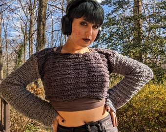 Grey Wavy Stitch Textured Crochet Sweater