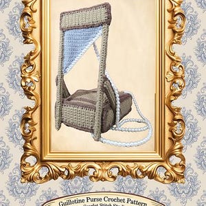 May include: A crochet purse pattern in a gold ornate frame. The purse is designed to resemble a guillotine, with a light blue and brown color scheme. A white pearl necklace is draped over the purse. The text reads "Guillotine Purse Crochet Pattern by Scarlet Stitch Studios."