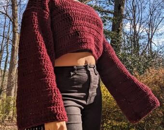 Maroon Off the Shoulder Cropped Crochet Sweater