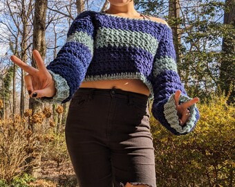 Blue and Teal Textured Crochet Sweater