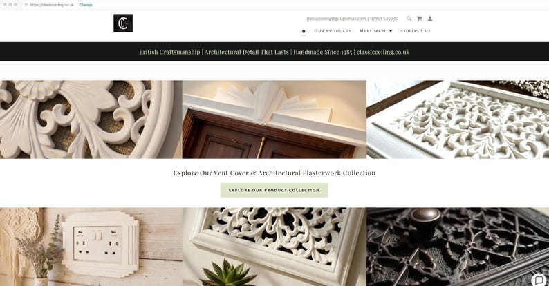The image is a screenshot of a website showcasing various architectural details and products, including intricate designs and patterns.