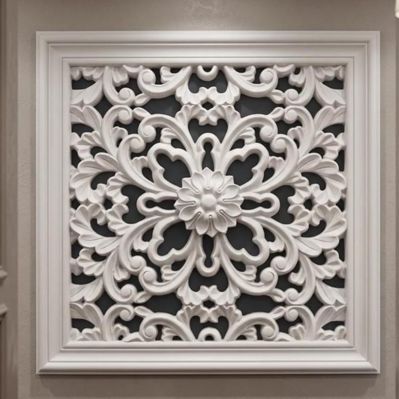 May include: A square, white, ornate wall panel with a floral design. The panel features a central flower and swirling, leaf-like patterns. The design is framed by a white border, creating a decorative element for interior spaces.