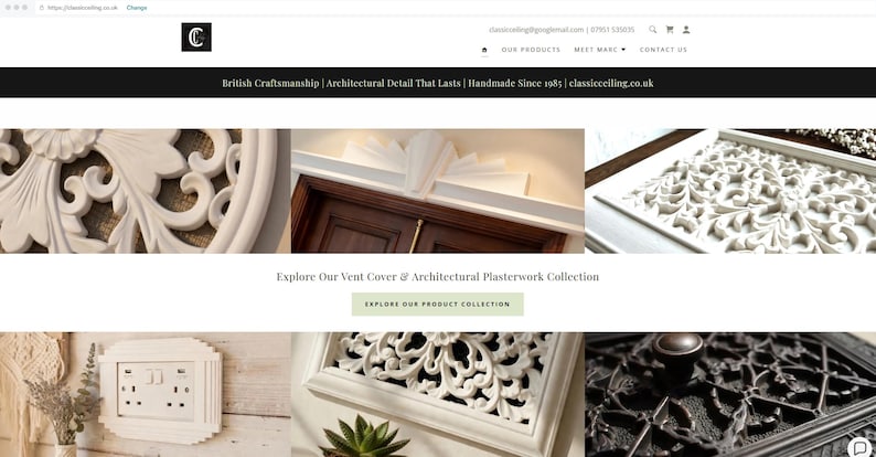 The image is a screenshot of a website showcasing various architectural details and products, including intricate designs and patterns.