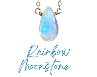Rainbow Moonstone Teardrop Necklace: June Birthstone, Sterling Silver