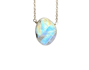 Rainbow Moonstone Pendant Necklace 14kt Gold Filled Chain