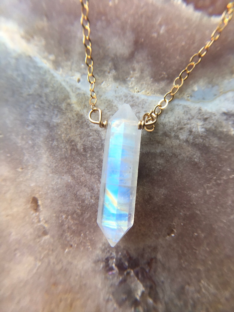 Rainbow Moonstone Necklace Gold or Silver, Crystal Point Necklace, June Birthstone, Gift For Women image 1