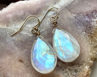 Faceted Rainbow Moonstone Drop Earrings: Sterling Silver, June Birthstone