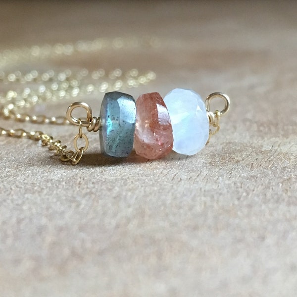 Healing Necklace - Raw Stone Necklace -  Moonstone Labradorite Sunstone Necklace - Crystal Healing Jewelry - Silver or Gold