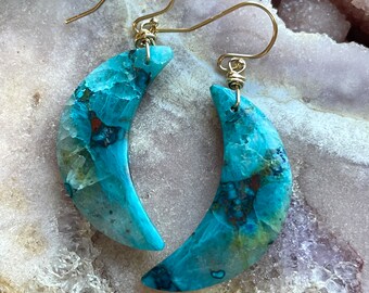 Gold Filled Chrysocolla Earrings: Raw Stone Boho Dangle Earrings