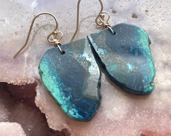 Gold Filled Chrysocolla Earrings: Raw Stone Boho Dangle Earrings