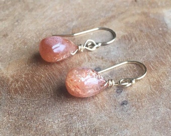 Drop Earrings, Sunstone Earrings, Dangle Earrings, Dainty Earrings, Orange Gemstone Earrings, Boho Bride Earrings, Crystal Earrings