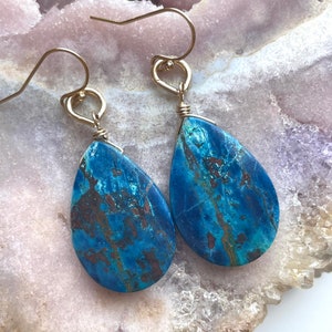 Chrysocolla Earrings, Statement Earrings, Gold Earrings, Raw Stone Earrings, Raw Crystal Earrings, Boho Bride Earrings, Drop Earrings