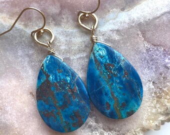 Gold Filled Chrysocolla Earrings: Raw Stone Boho Dangle Earrings