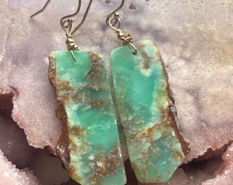 Raw Chrysoprase Drop Earrings, Gold Chrysoprase Earrings, Drop Earrings, Gemstone Statement Earrings