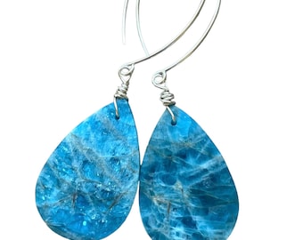 Large Blue Apatite Earrings, Sterling Silver Statement Crystal, Gemstone Earrings, Gift For Women