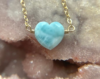 Larimar Heart Crystal Necklace: Sterling Silver or Gold Filled Chain
