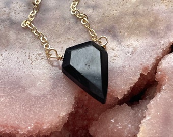 Black Tourmaline Pendant Necklace: Raw Stone, Sterling Silver or Gold Filled