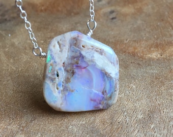 Large Australian Opal Pendant Necklace Sterling Silver Chain, October Birthstone Necklace