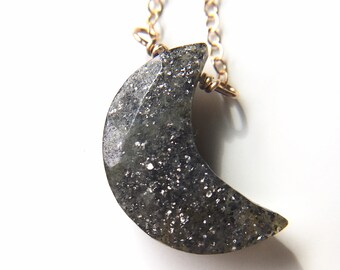 Black Sunstone Crescent Moon Necklace: Witchy Crystal Jewelry