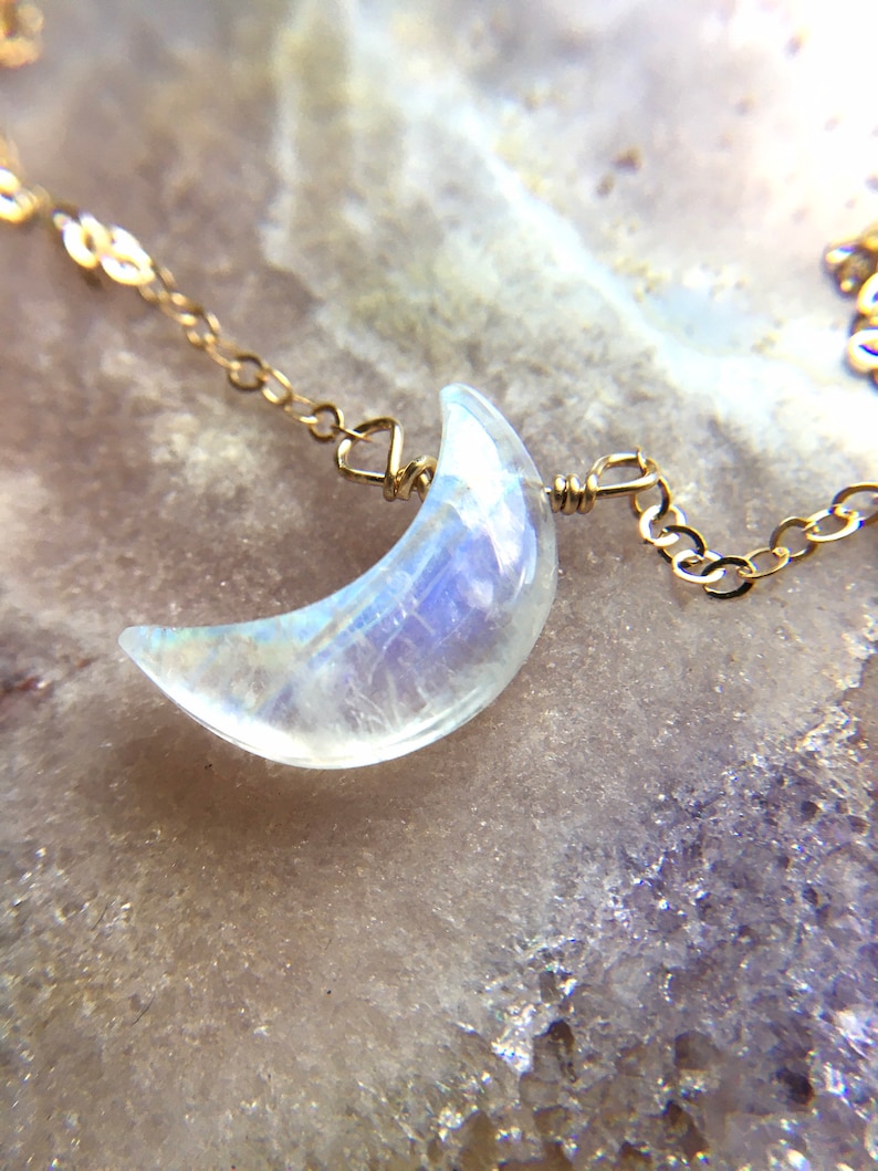 Moonstone Crescent Moon Necklace Rainbow Moonstone Jewelry Etsy