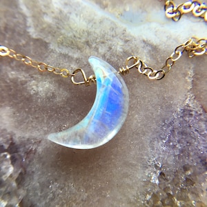 Moonstone Crescent Moon Necklace - Rainbow Moonstone Jewelry Sterling Silver - Raw Crystal  Necklace - June Birthstone