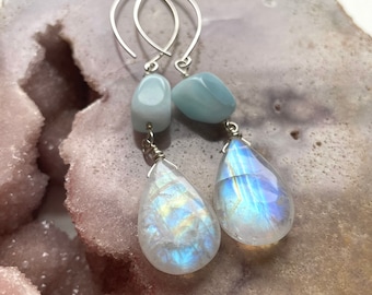 Rainbow Moonstone Earrings, Statement Earrings,  Larimar Earrings, Sterling Silver Earrings, Boho Earrings, Gift for Women