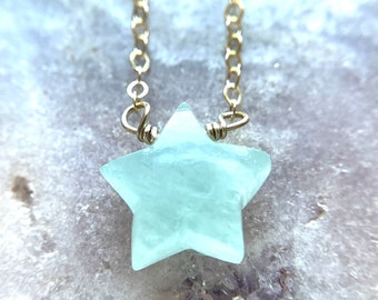 Natural Aquamarine Necklace, Aquamarine Crystal Necklace, Small Star Pendant Necklace, March Birthday Jewelry Gift For Women