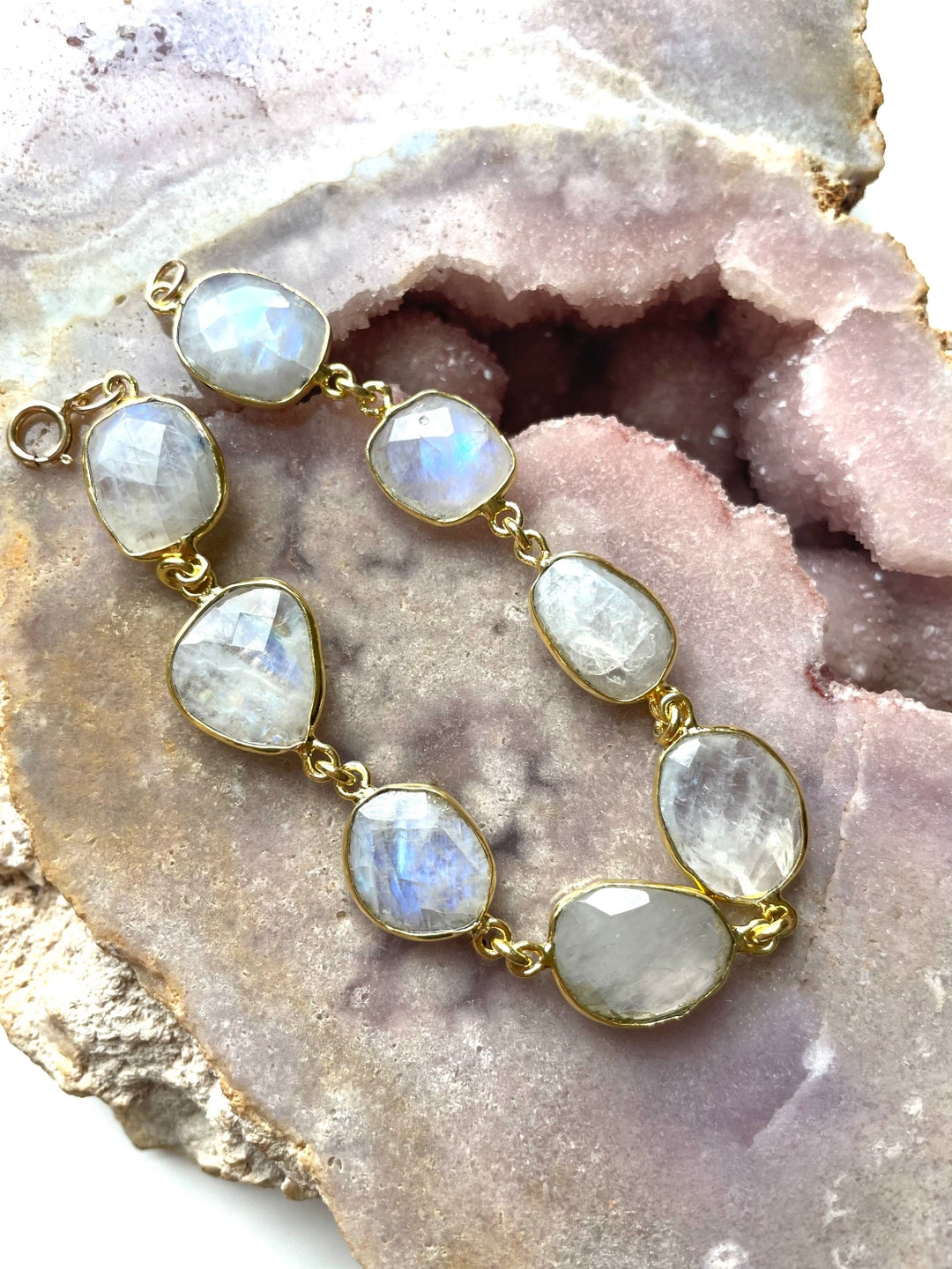 14 Karat Gold Plated Rainbow Moonstone Open Cuff Bracelet
